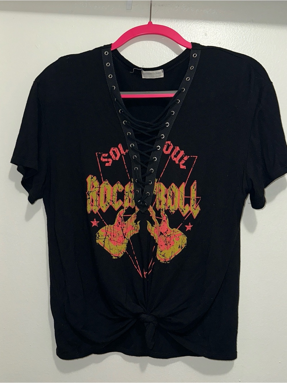 Black Lace-Up Rock 'n' Roll Graphic Tee with Front Tie